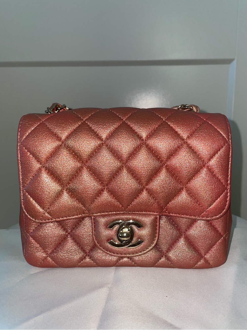 CHANEL Quilted Mini Flap Bag in Metallic Rose